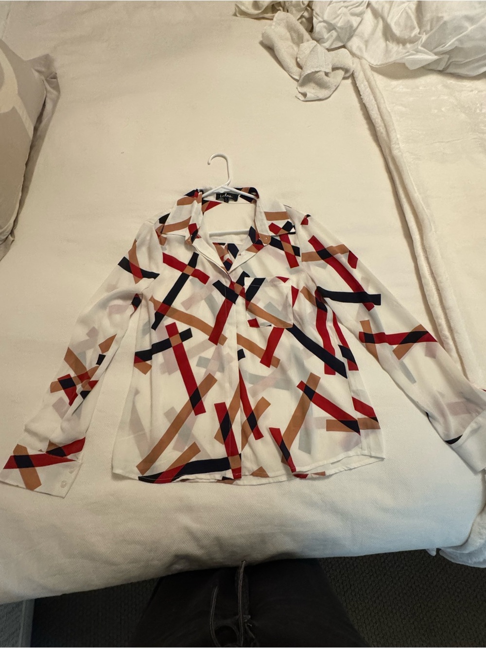 Lulu's White Geometric Print Blouse with Red, Navy & Tan Accents - Picture 2 of 6